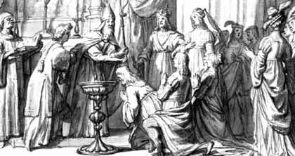 de doop van Klakk-Haraldr, tekening van Gerrit van Honthorst (1637)